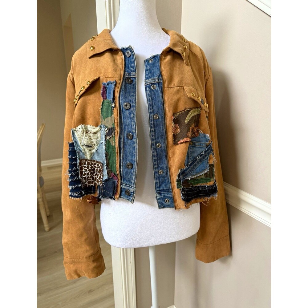 Distressed Studio Works Women Plus 18W Patchwork Button Jacket Collared Studded